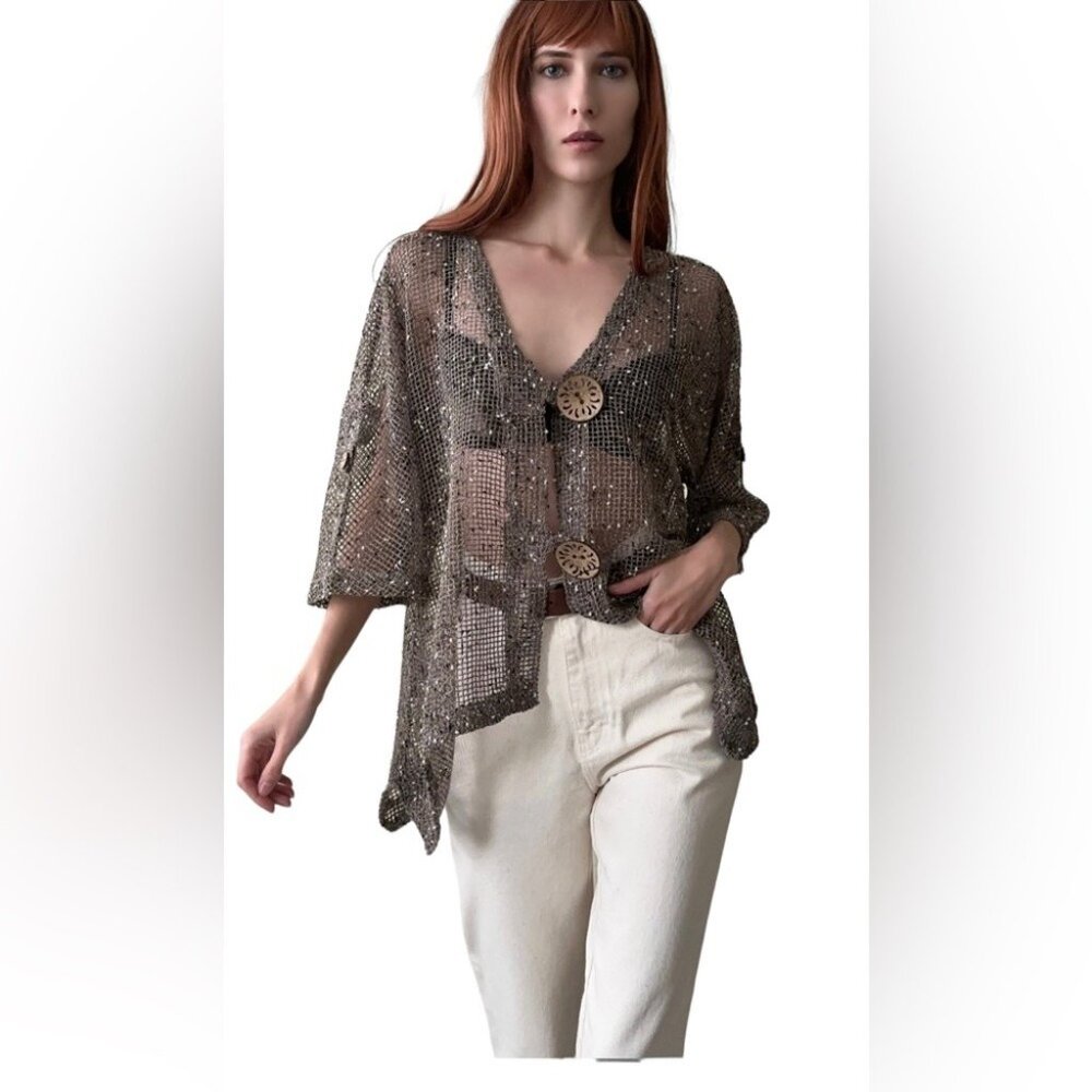 Lulu-B Vintage Open Knit Cardigan Boho Beach Kimono Layering Top Brown Medium
